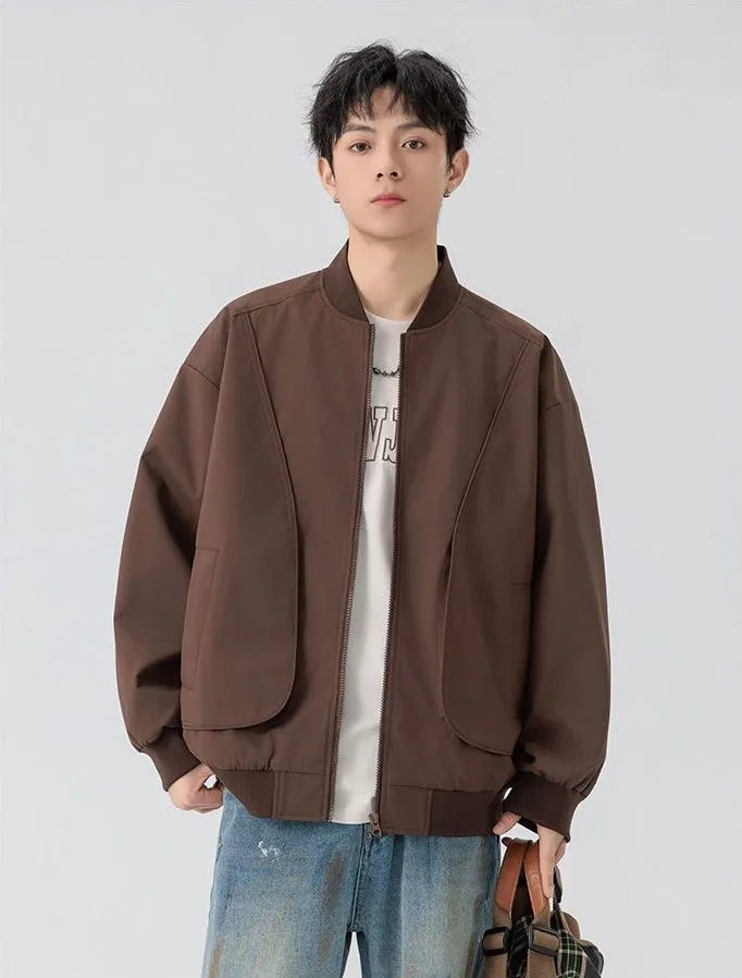 Men's Solid Color Bomber Jacket with Elastic Hem and Cuffs