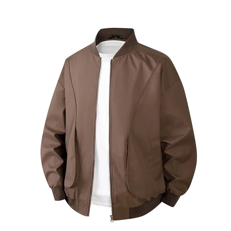 Men's Solid Color Bomber Jacket with Elastic Hem and Cuffs