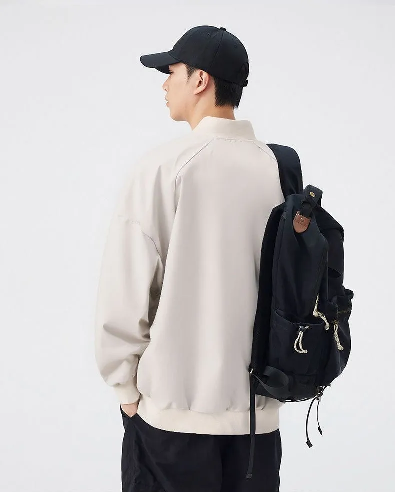 Men's Solid Color Bomber Jacket with Elastic Hem and Cuffs