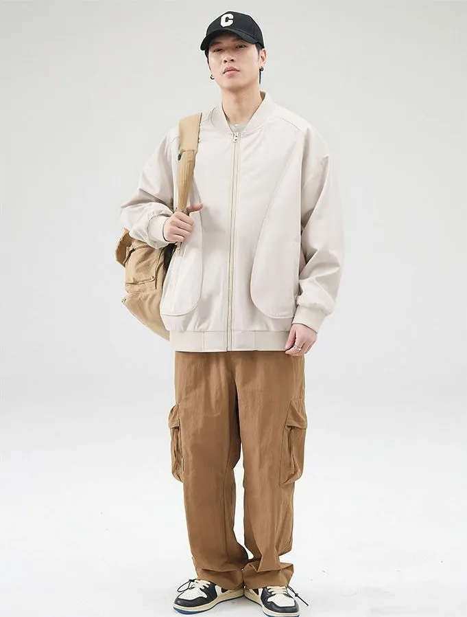 Men's Solid Color Bomber Jacket with Elastic Hem and Cuffs