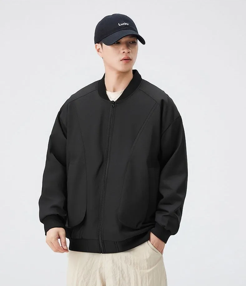 Men's Solid Color Bomber Jacket with Elastic Hem and Cuffs