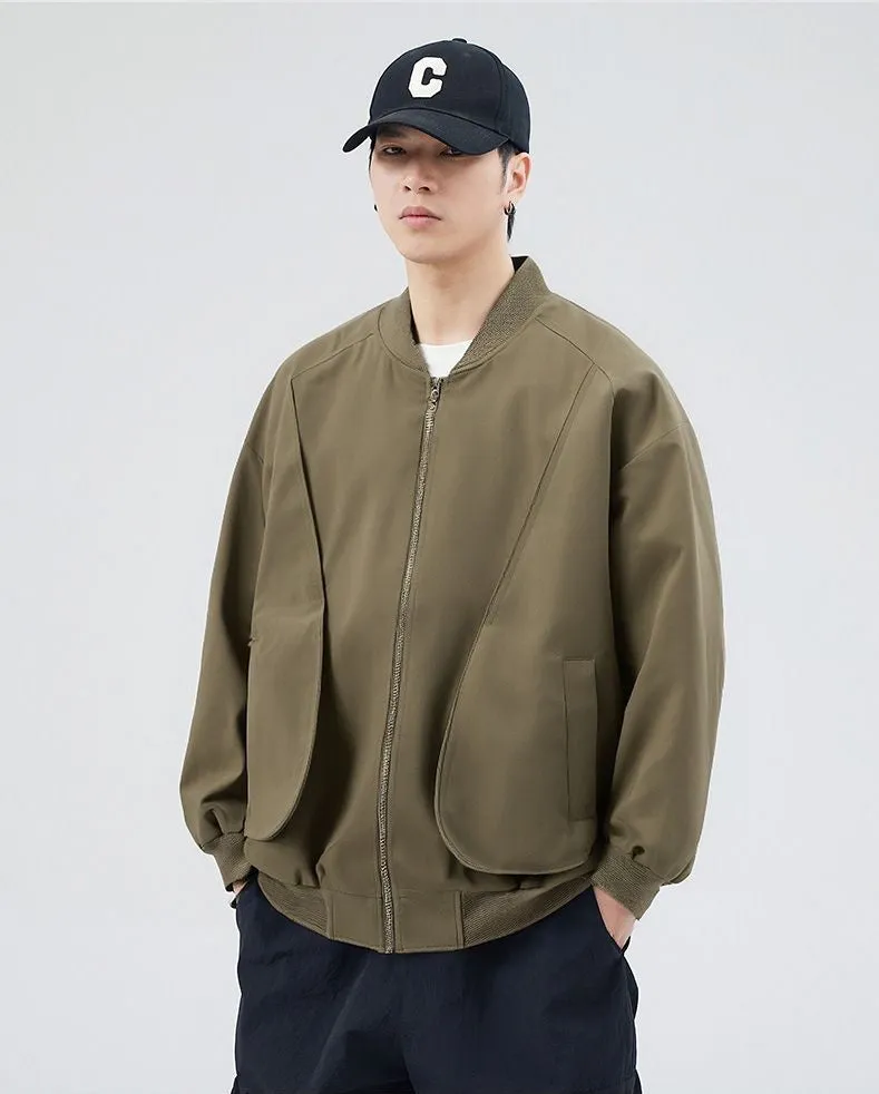Men's Solid Color Bomber Jacket with Elastic Hem and Cuffs
