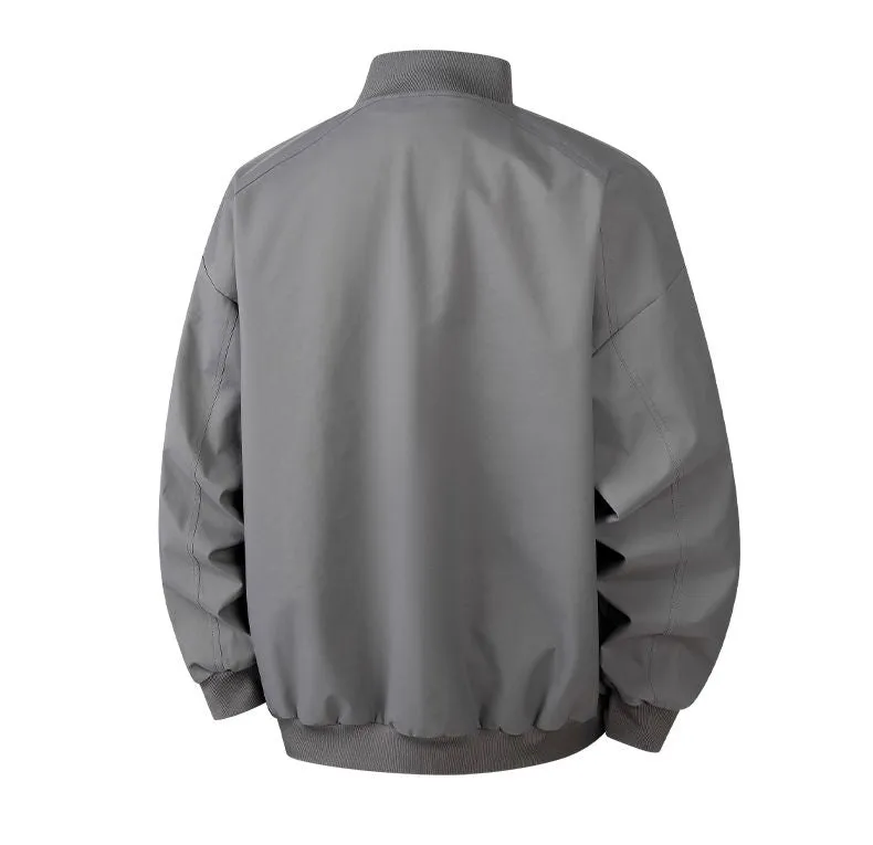 Men's Solid Color Bomber Jacket with Elastic Hem and Cuffs