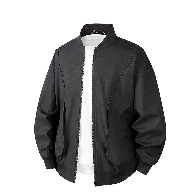 Men's Solid Color Bomber Jacket with Elastic Hem and Cuffs