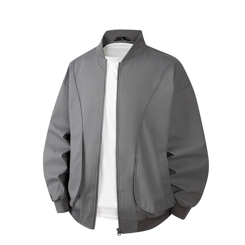 Men's Solid Color Bomber Jacket with Elastic Hem and Cuffs