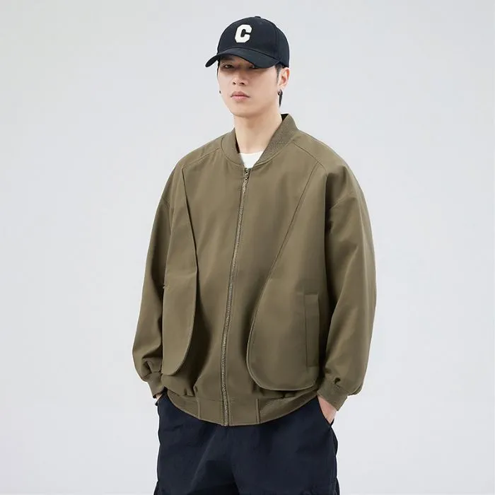 Men's Solid Color Bomber Jacket with Elastic Hem and Cuffs