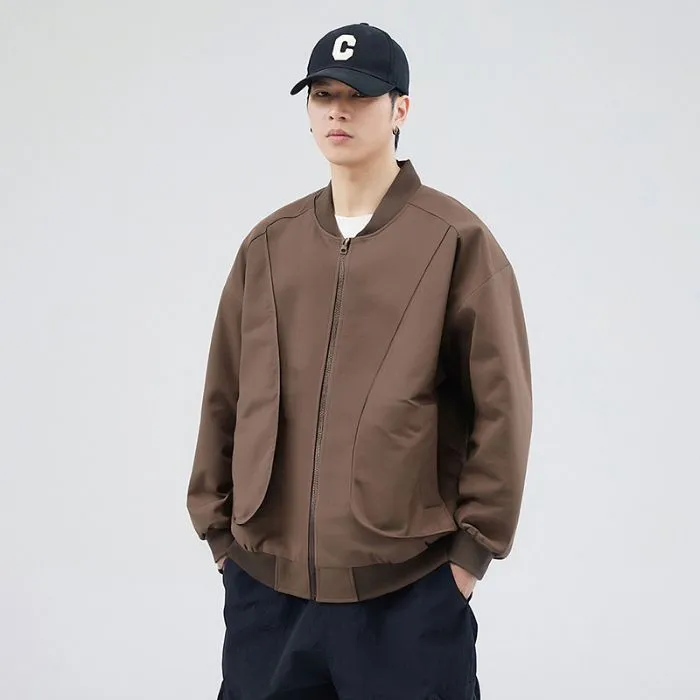 Men's Solid Color Bomber Jacket with Elastic Hem and Cuffs