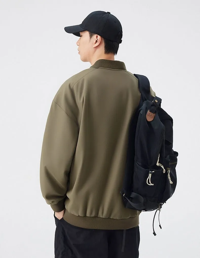 Men's Solid Color Bomber Jacket with Elastic Hem and Cuffs