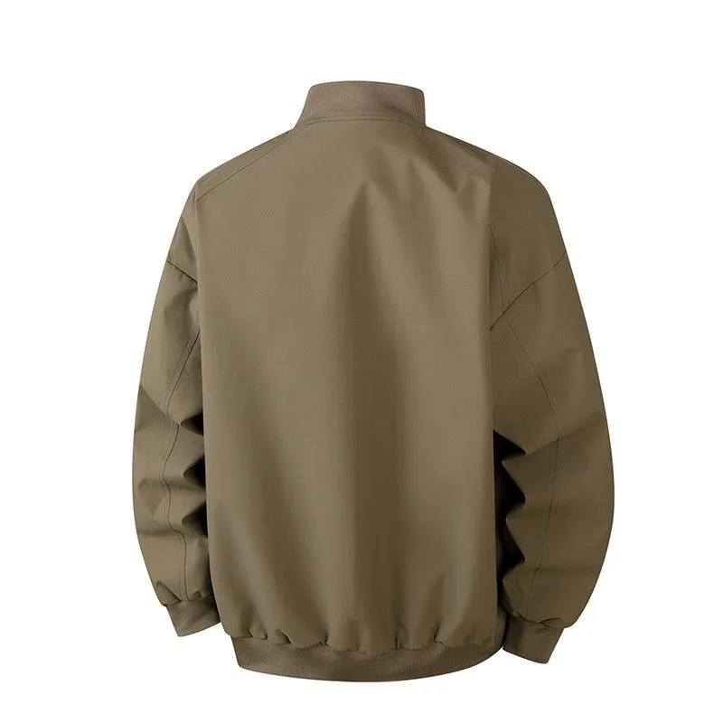 Men's Solid Color Bomber Jacket with Elastic Hem and Cuffs