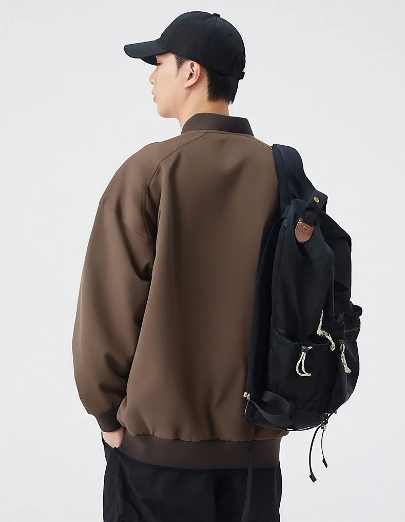 Men's Solid Color Bomber Jacket with Elastic Hem and Cuffs