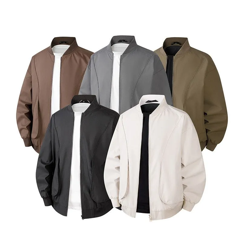 Men's Solid Color Bomber Jacket with Elastic Hem and Cuffs