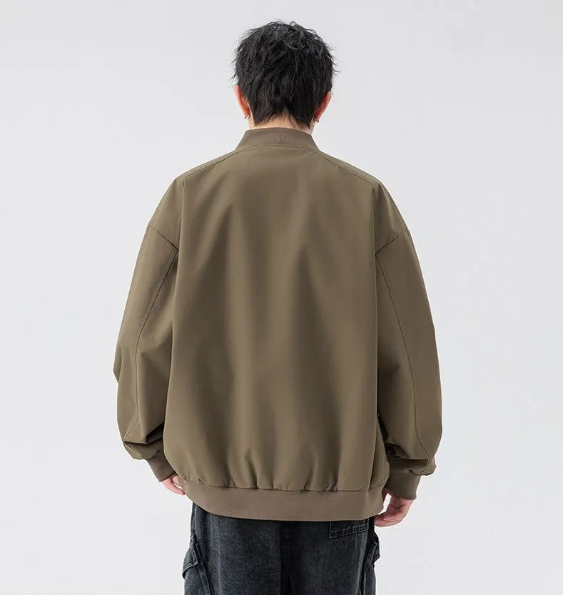 Men's Solid Color Bomber Jacket with Elastic Hem and Cuffs