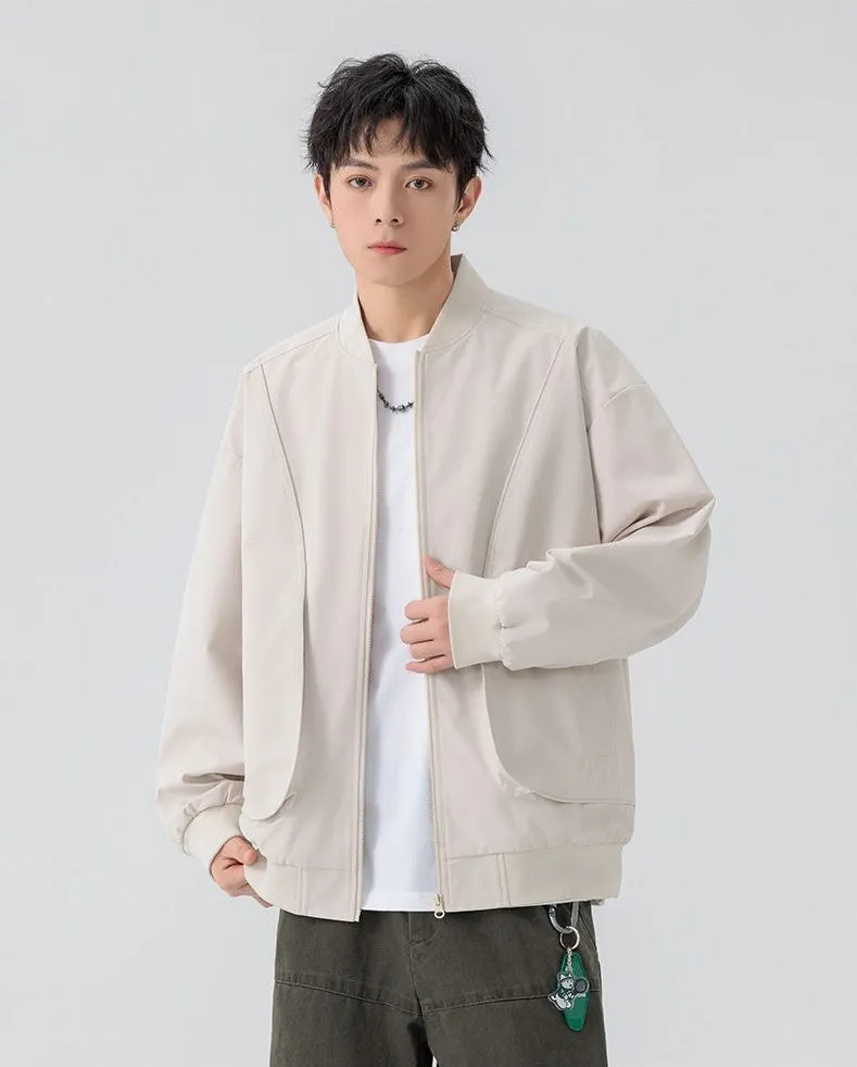 Men's Solid Color Bomber Jacket with Elastic Hem and Cuffs