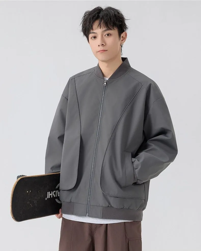Men's Solid Color Bomber Jacket with Elastic Hem and Cuffs