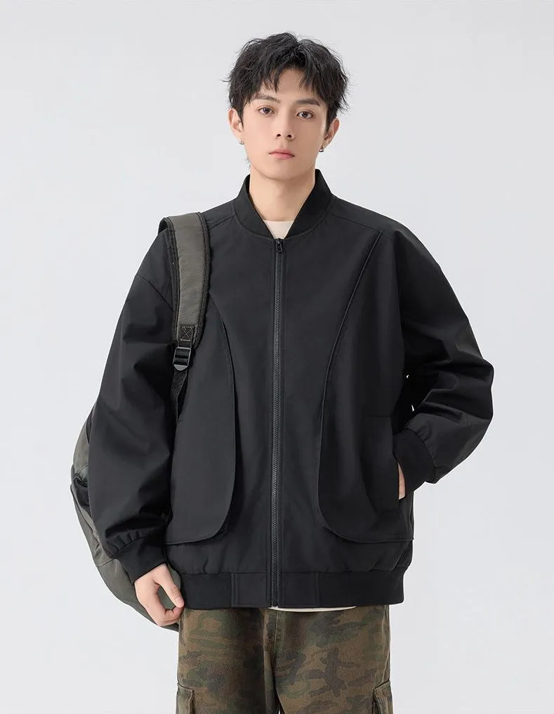 Men's Solid Color Bomber Jacket with Elastic Hem and Cuffs