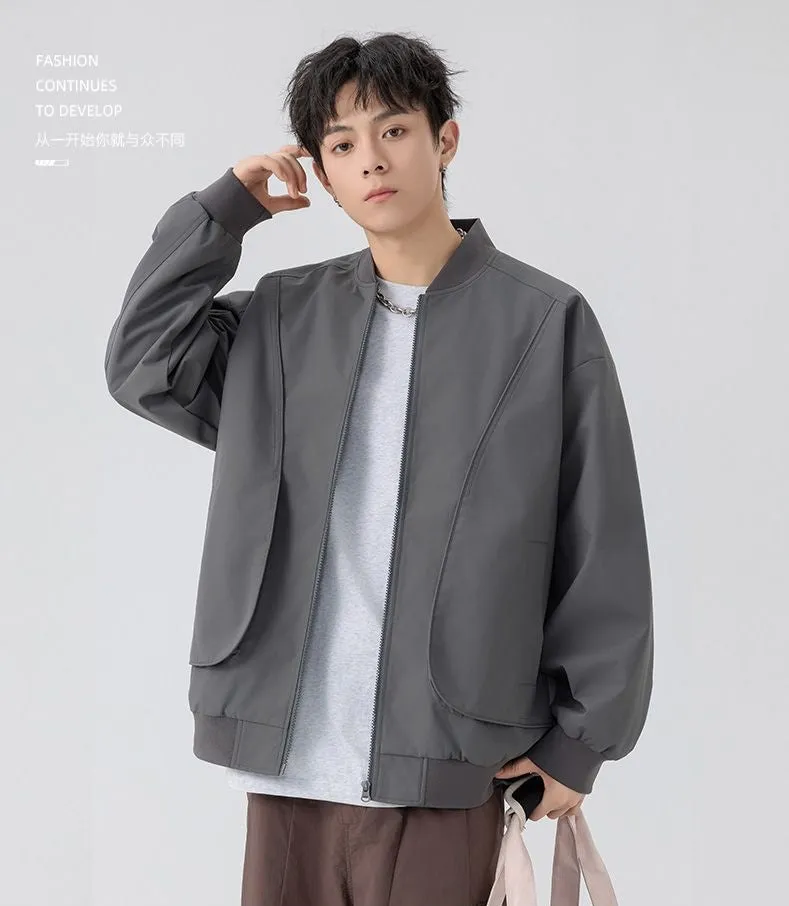 Men's Solid Color Bomber Jacket with Elastic Hem and Cuffs