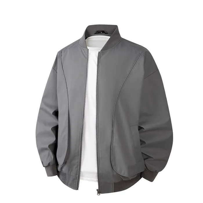 Men's Solid Color Bomber Jacket with Elastic Hem and Cuffs