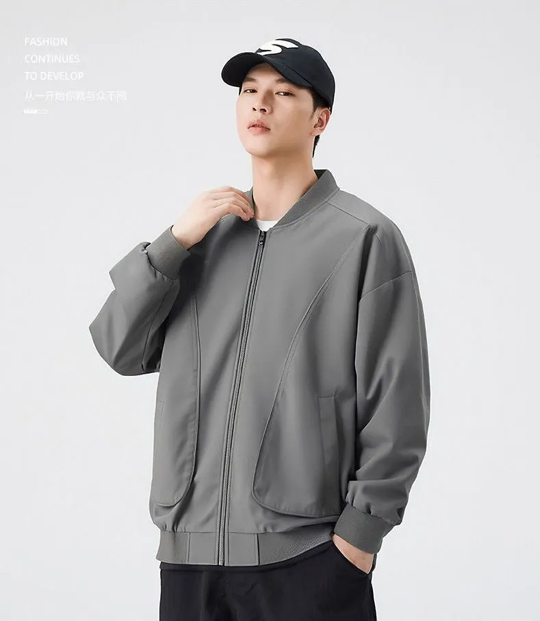 Men's Solid Color Bomber Jacket with Elastic Hem and Cuffs