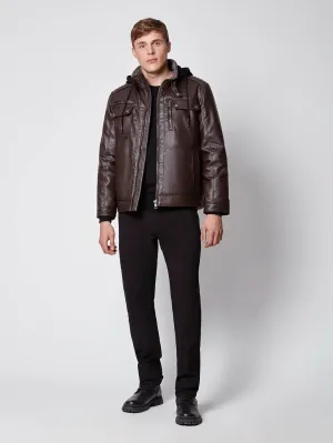 Men's Vegan Leather Moto Jacket with Removable Hood