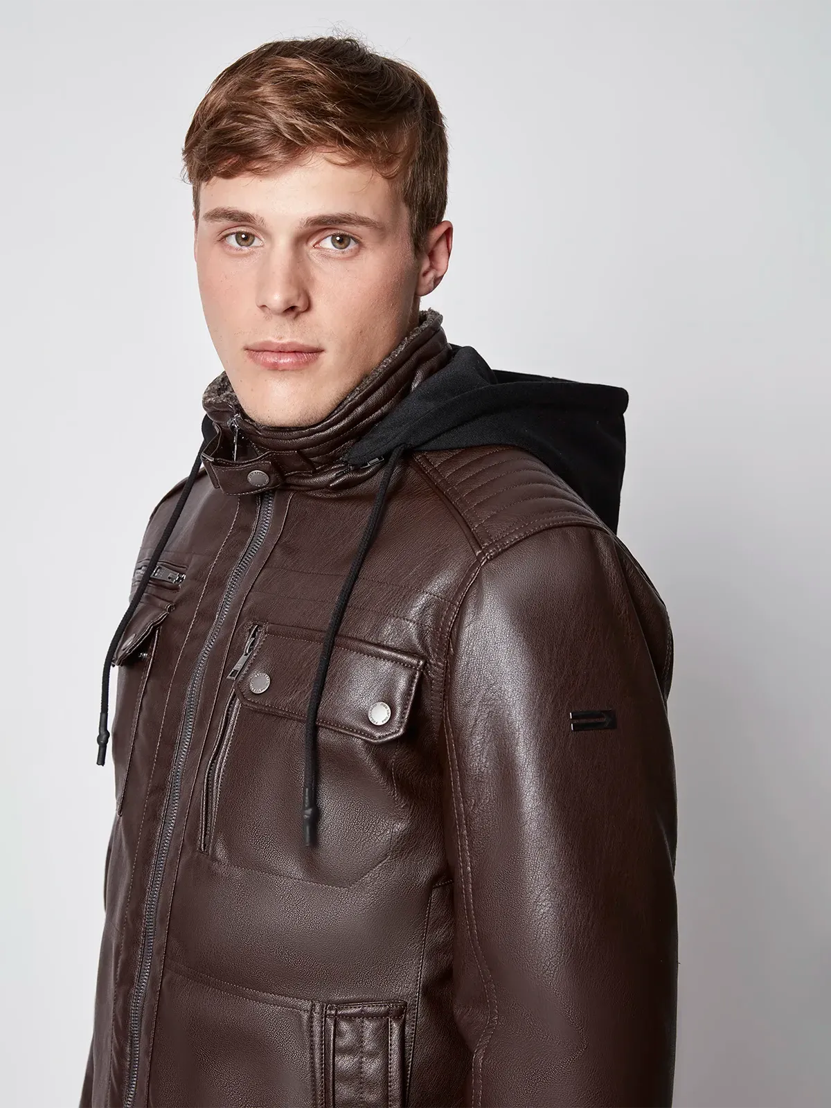 Men's Vegan Leather Moto Jacket with Removable Hood