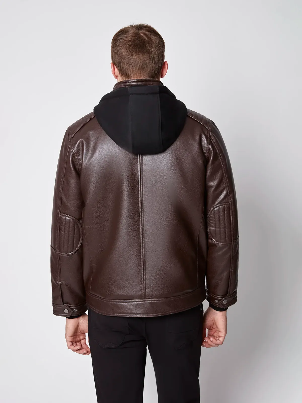 Men's Vegan Leather Moto Jacket with Removable Hood
