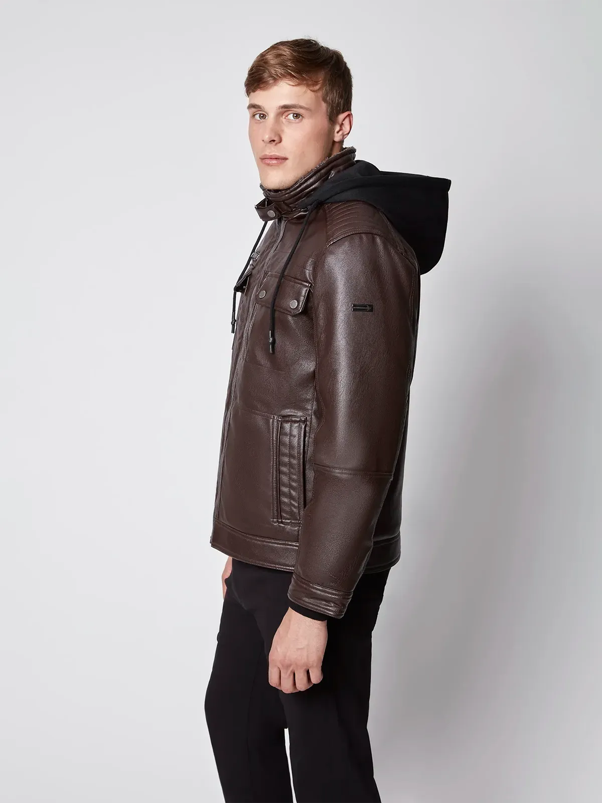 Men's Vegan Leather Moto Jacket with Removable Hood