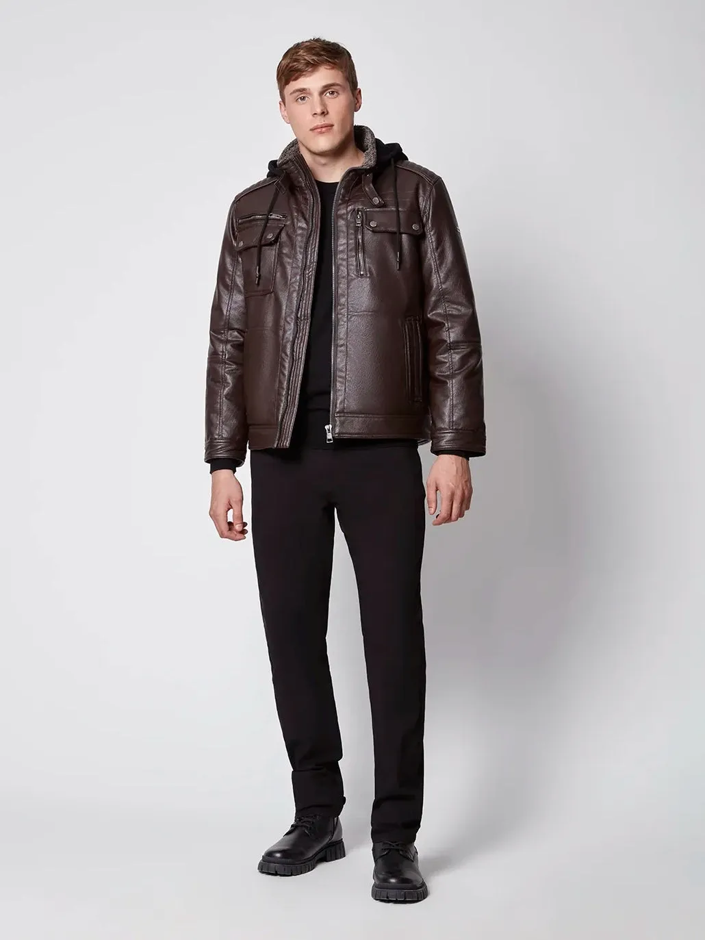 Men's Vegan Leather Moto Jacket with Removable Hood