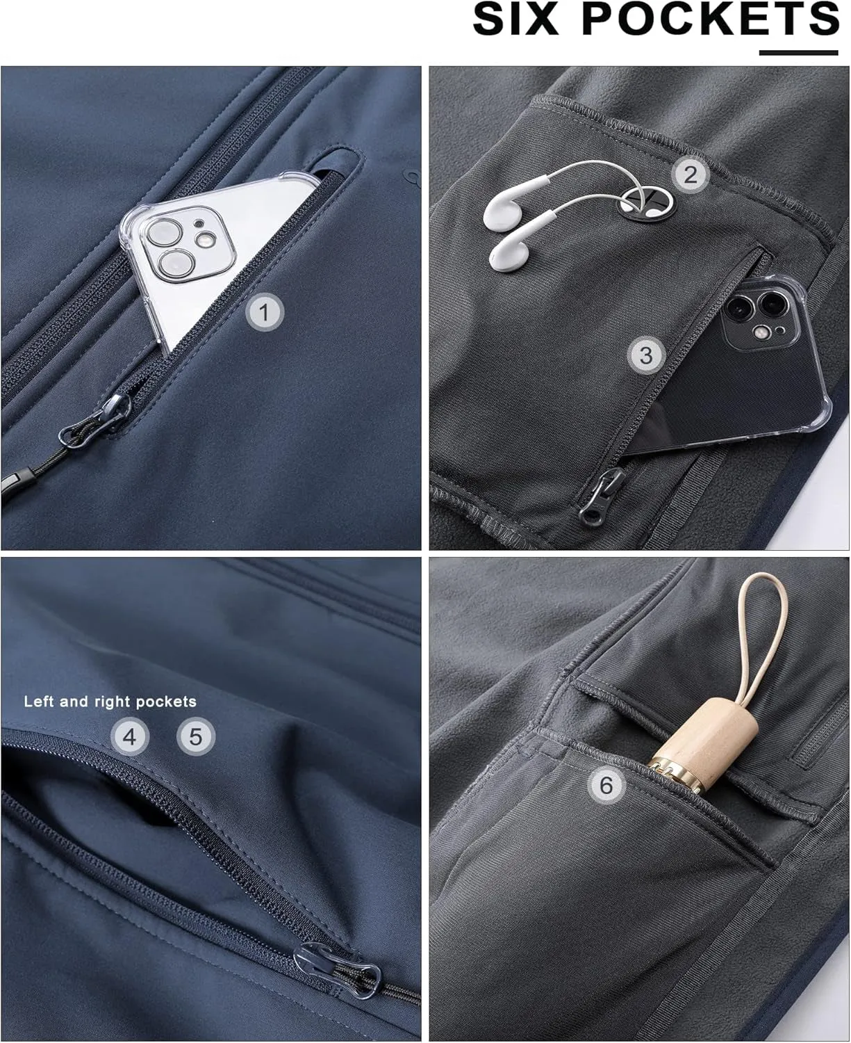 Men'S Waterproof Jackets Fleece Lining Softshell Jacket - Multi Pockets Outdoor Windproof Coat with Detachable Hood for Spring Fall Winter