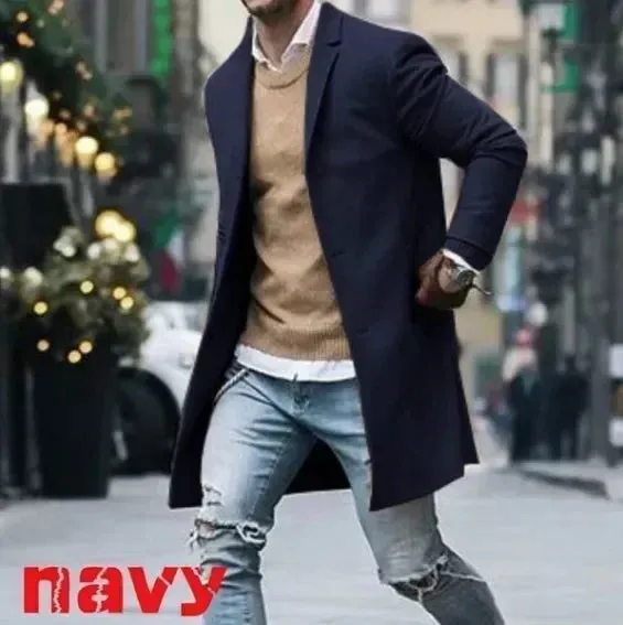 Men's Windbreaker Woolen Blend Coat Autumn Winter Fashion Solid Color Single Breasted Male Pea Coat Large Size Trench
