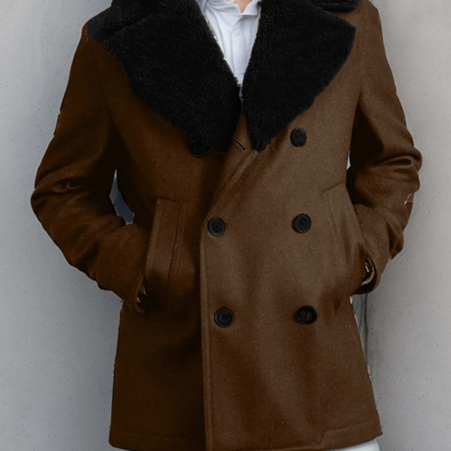 Mens Wool DoubleBreasted Contrast Pea Coat  Winter Streetwear