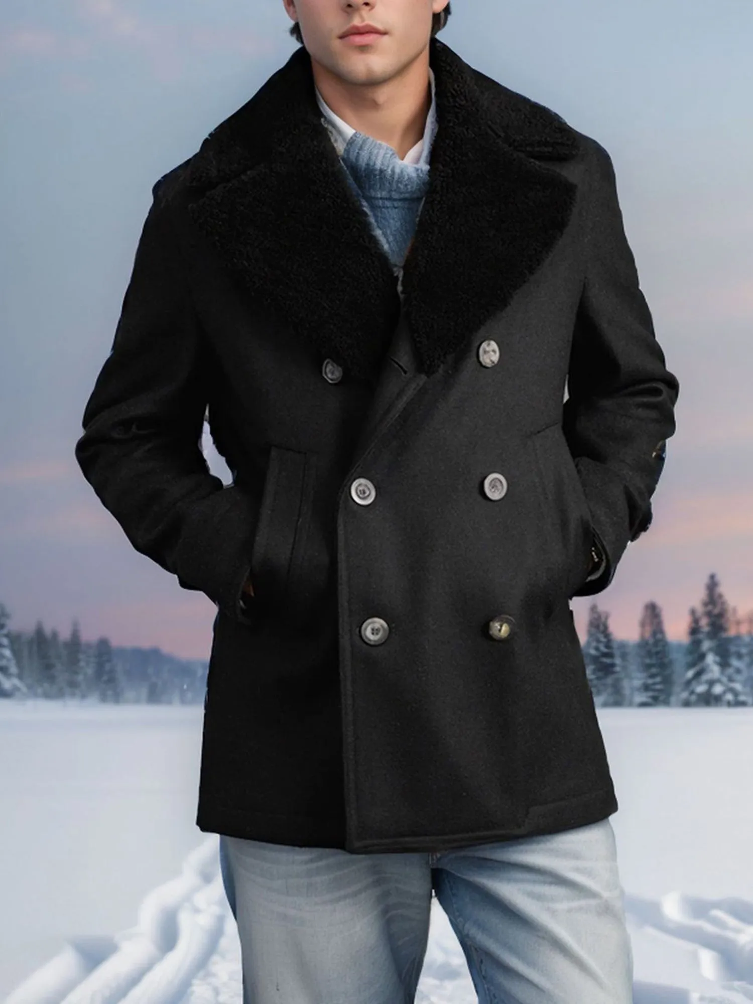 Mens Wool DoubleBreasted Contrast Pea Coat  Winter Streetwear