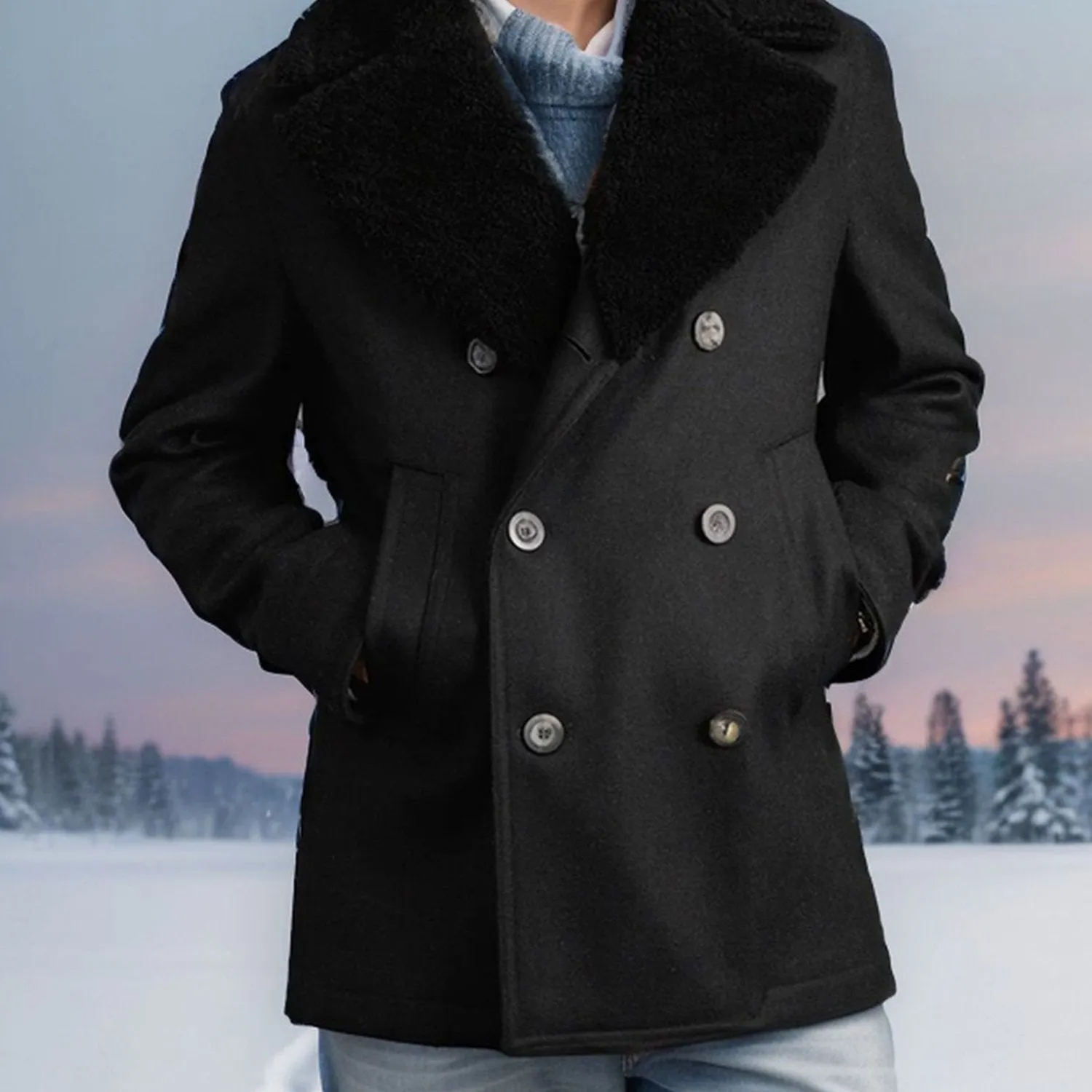 Mens Wool DoubleBreasted Contrast Pea Coat  Winter Streetwear