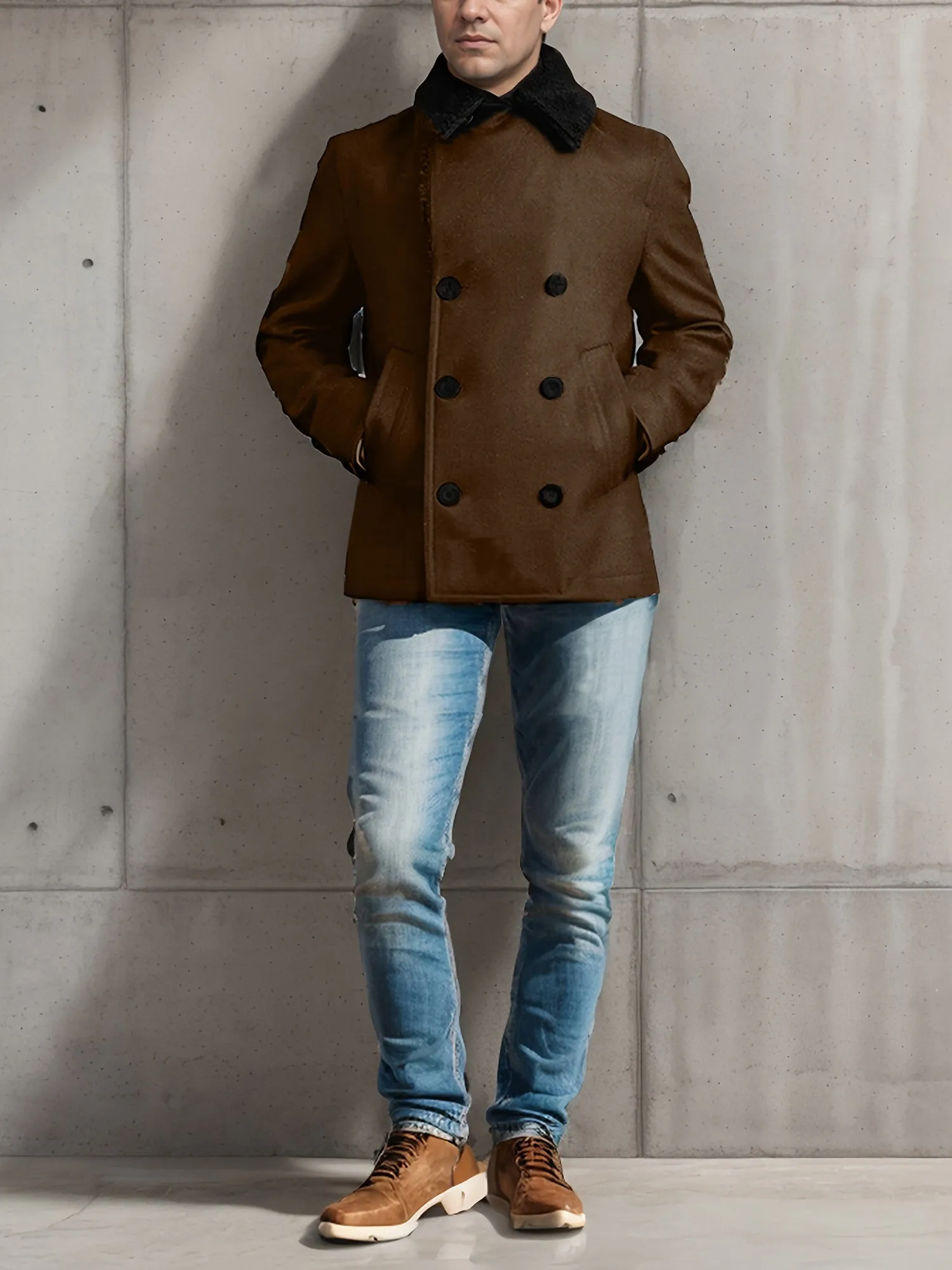 Mens Wool DoubleBreasted Contrast Pea Coat  Winter Streetwear