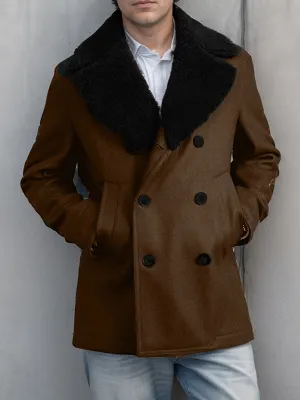 Mens Wool DoubleBreasted Contrast Pea Coat  Winter Streetwear