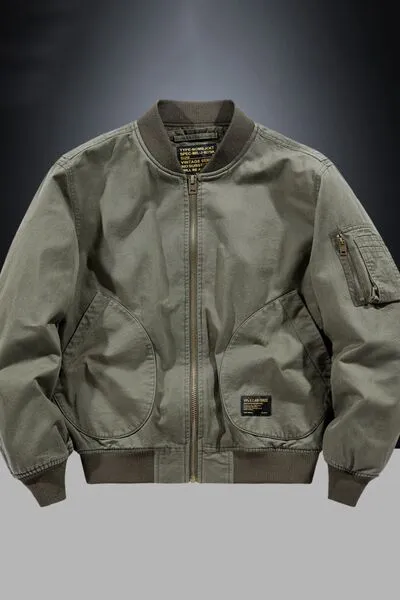Men's Zip-Up Bomber Jacket with Baseball Collar and Pockets | Durable and Versatile | Plus Size Available