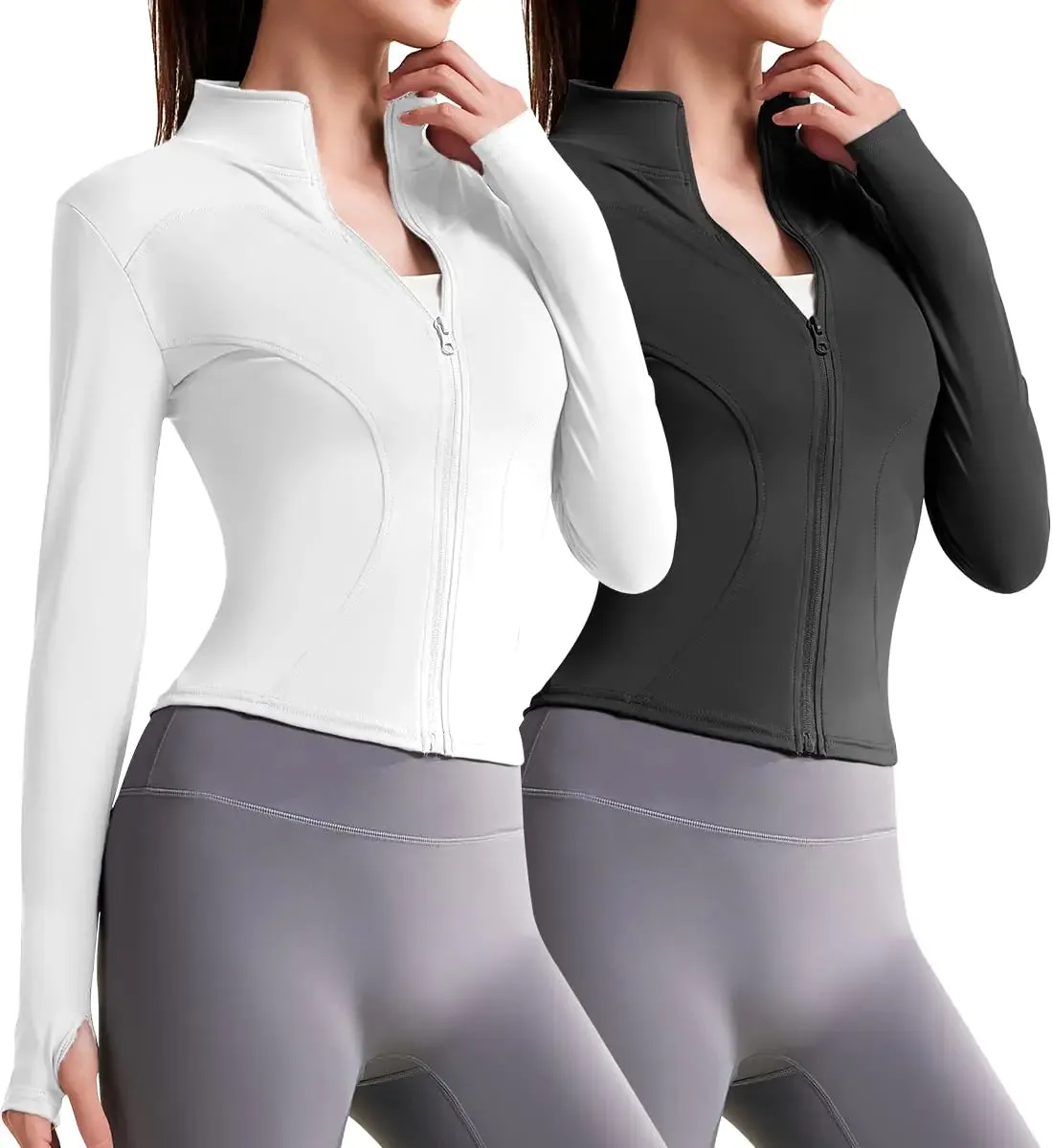 MK MATT KEELY Womens 2 Pack Workout Full Zip Jackets Slim Fit Running Track Athletic Jackets Lightweight Cropped Yoga Tops with Thumb Holes