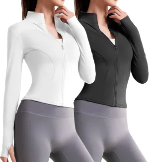 MK MATT KEELY Womens 2 Pack Workout Full Zip Jackets Slim Fit Running Track Athletic Jackets Lightweight Cropped Yoga Tops with Thumb Holes