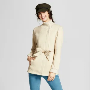 Mossimo Women Button Front Ribbed Collar Fleece Wrap Jacket Oatmeal Medium