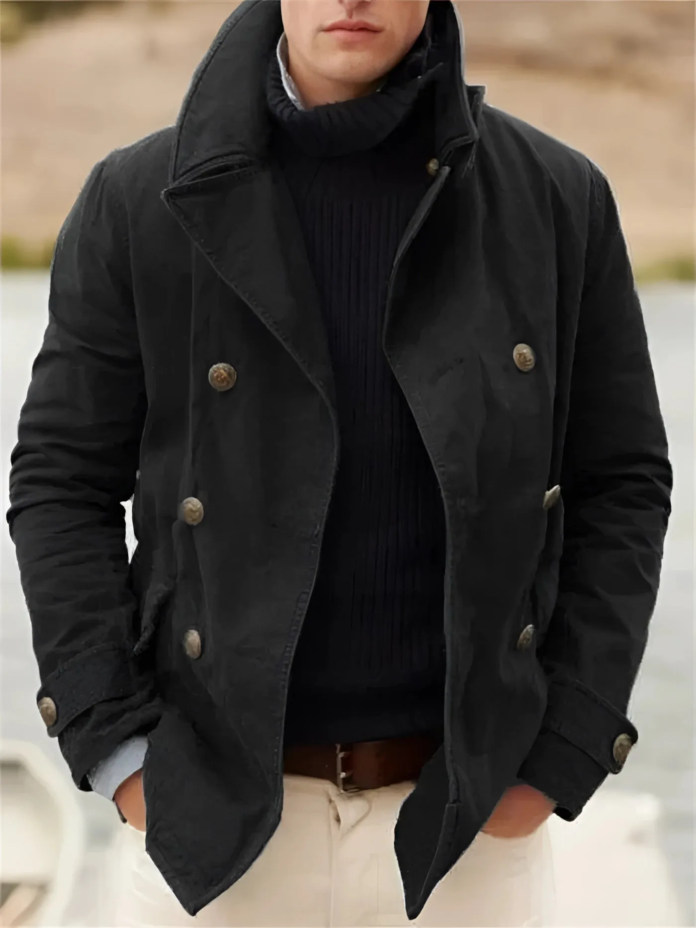 Navy Blue Men's Double-Breasted Pea Coat - Stylish Fall/Winter Fashion