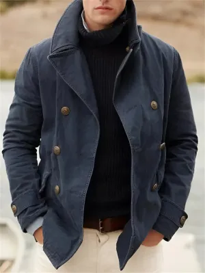 Navy Blue Men's Double-Breasted Pea Coat - Stylish Fall/Winter Fashion