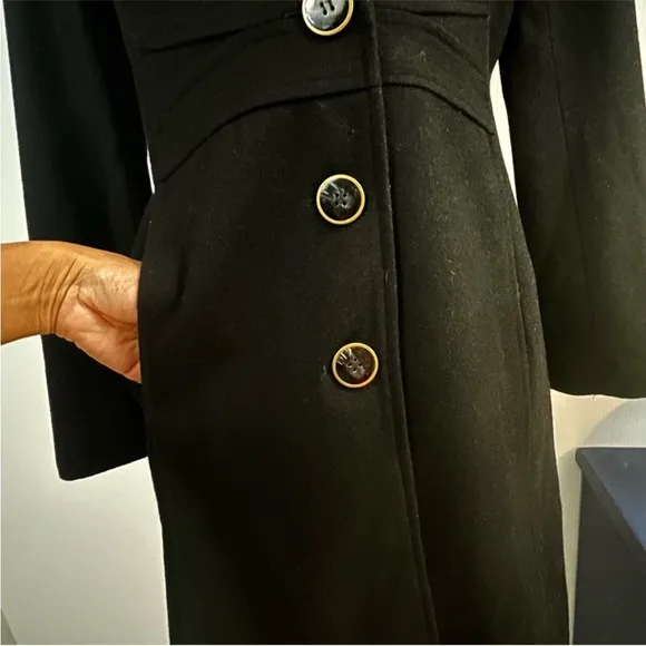 Nine West Black Wool Blend Pea Coat with Wide Lapel Collar Sz 10