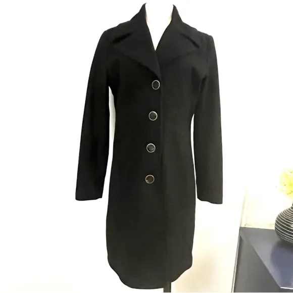 Nine West Black Wool Blend Pea Coat with Wide Lapel Collar Sz 10