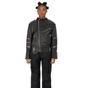 Nominal London Black Leather Studded Biker Jacket - Feminine Styling