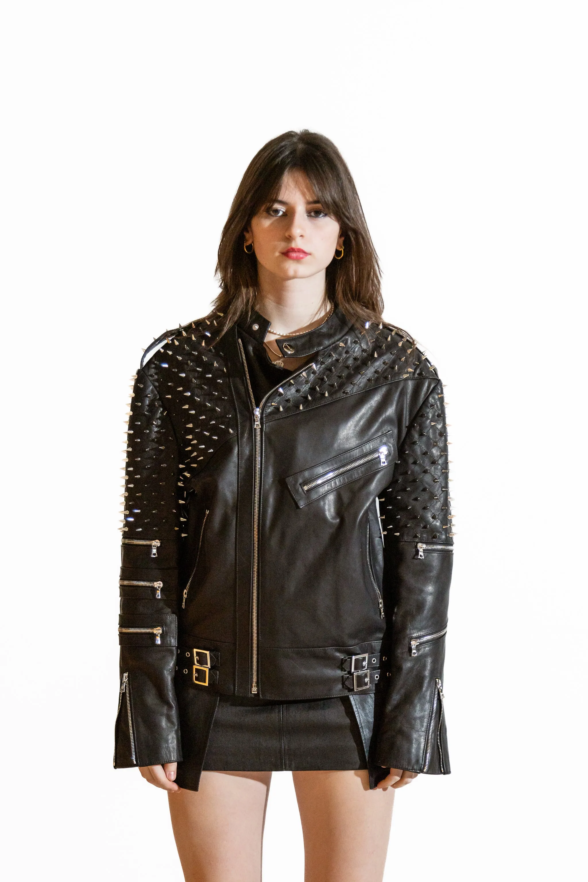 Nominal London Black Leather Studded Biker Jacket - Feminine Styling