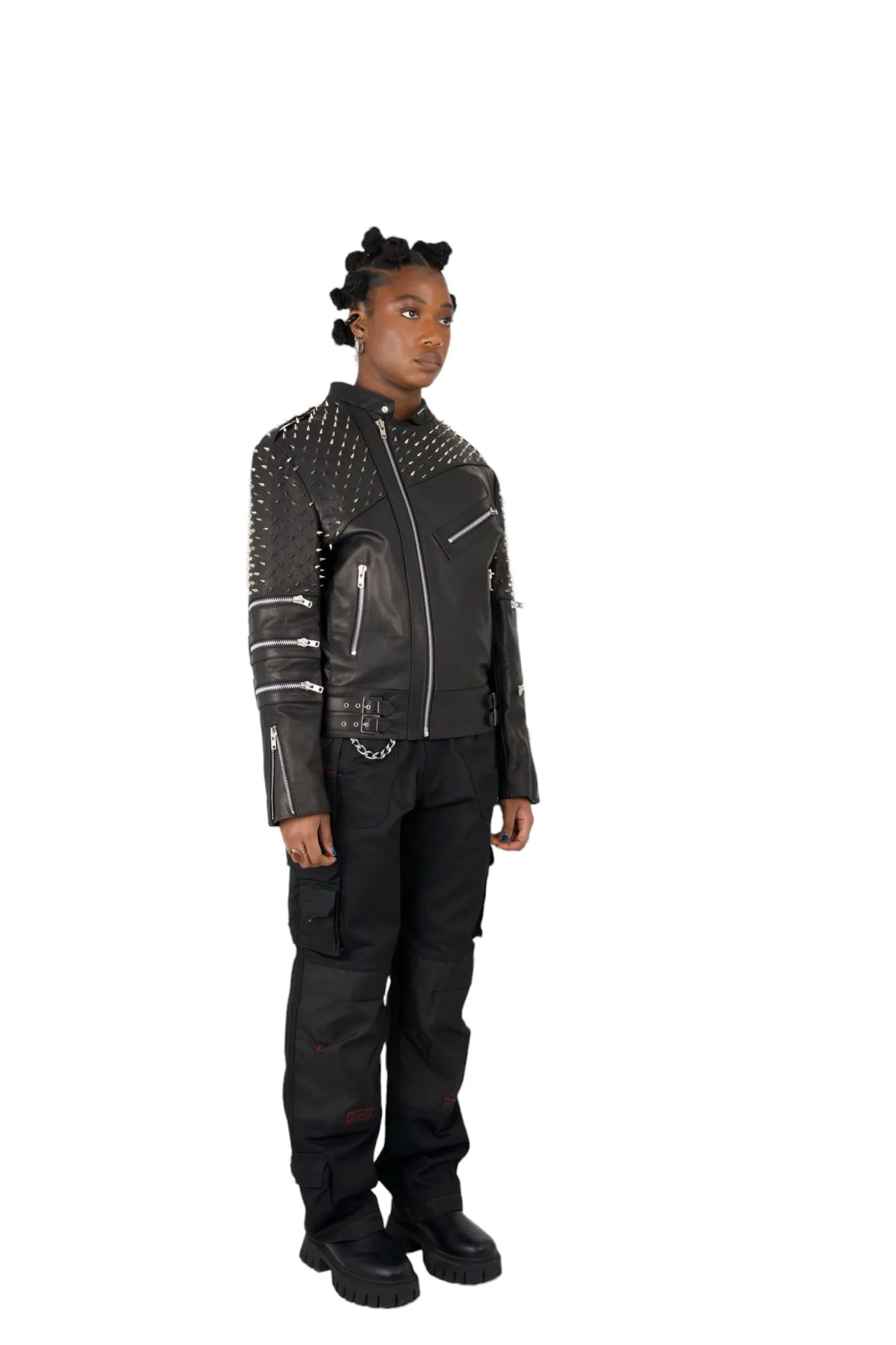 Nominal London Black Leather Studded Biker Jacket - Feminine Styling