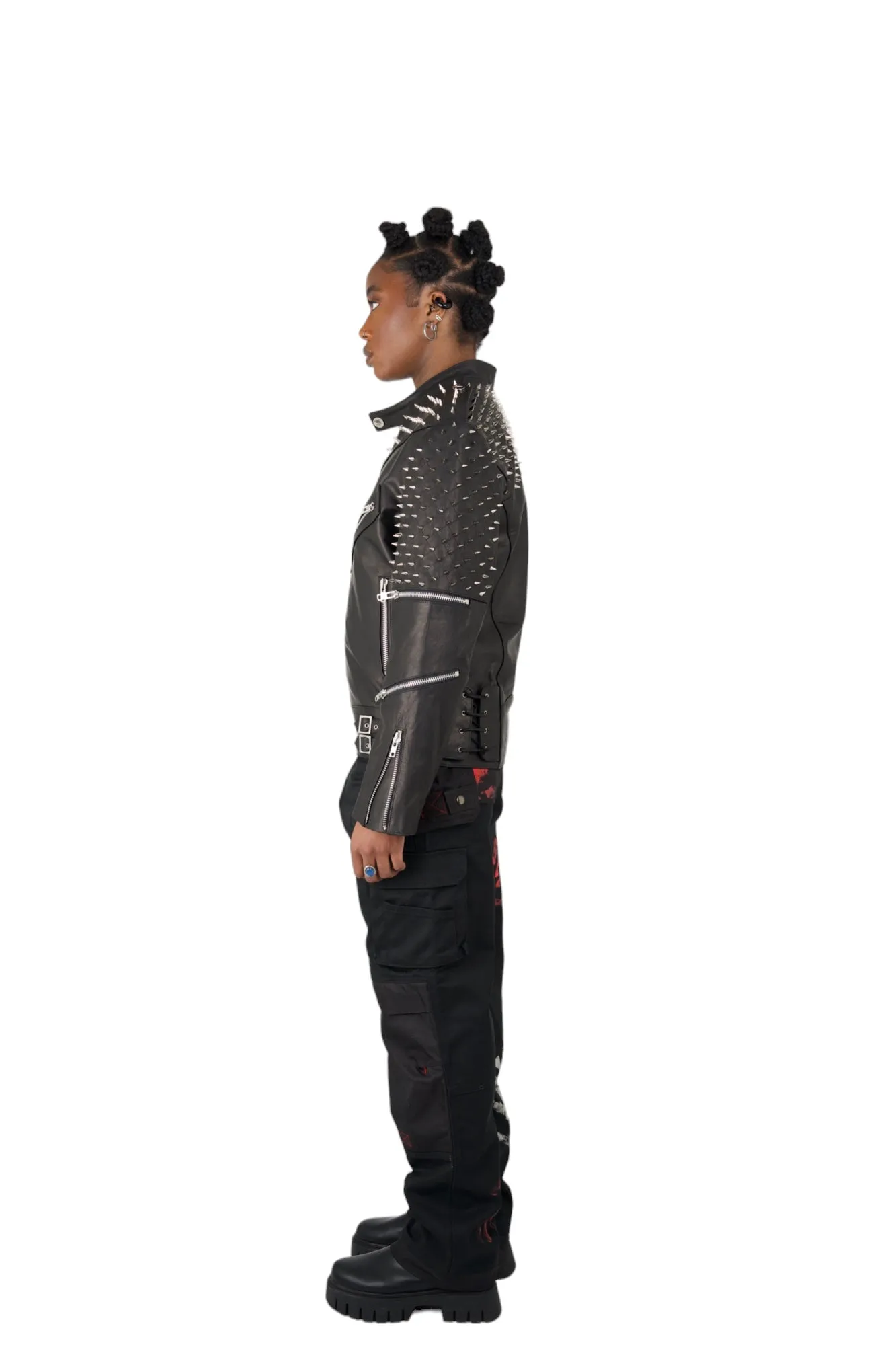Nominal London Black Leather Studded Biker Jacket - Feminine Styling