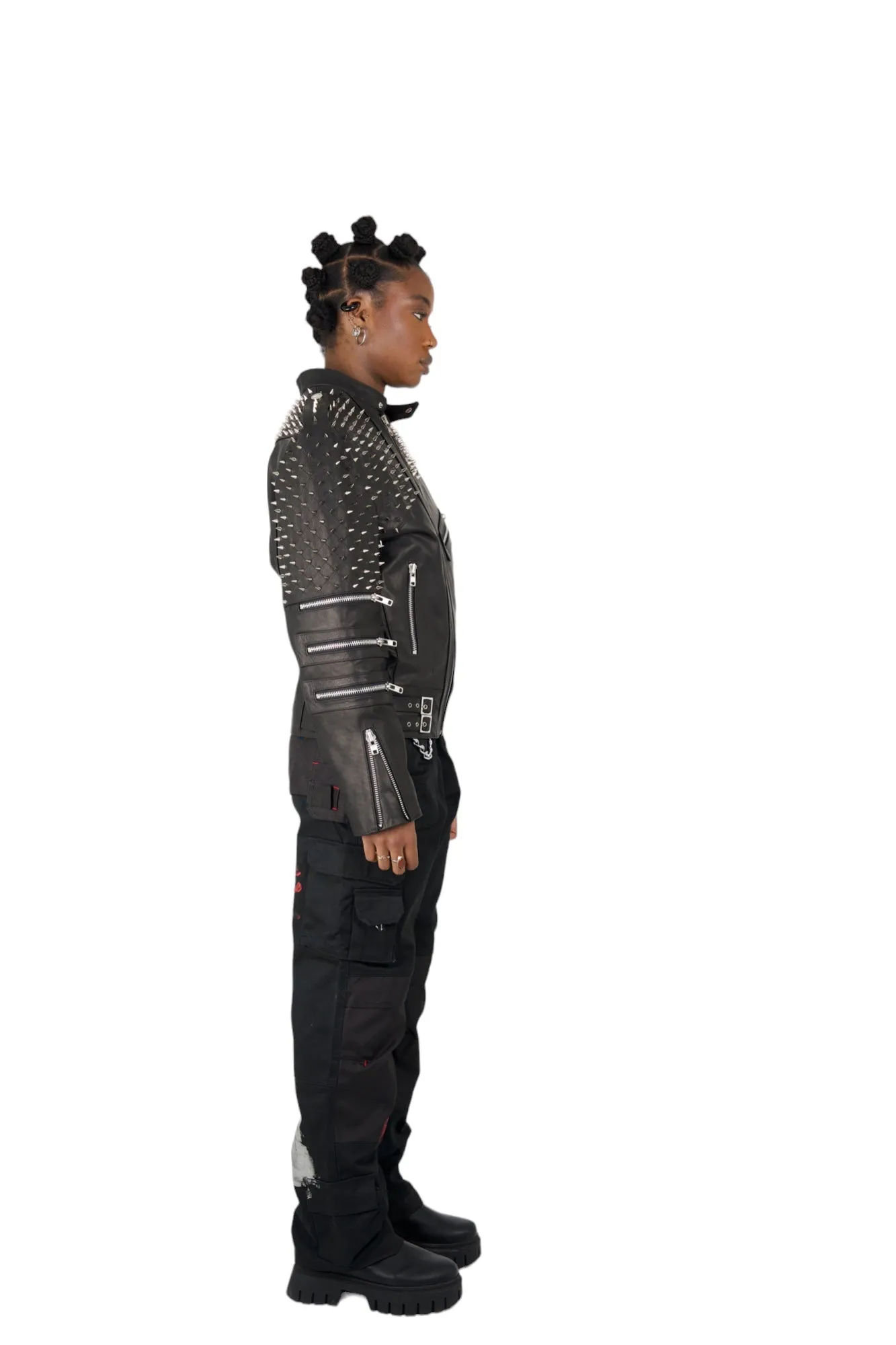 Nominal London Black Leather Studded Biker Jacket - Feminine Styling
