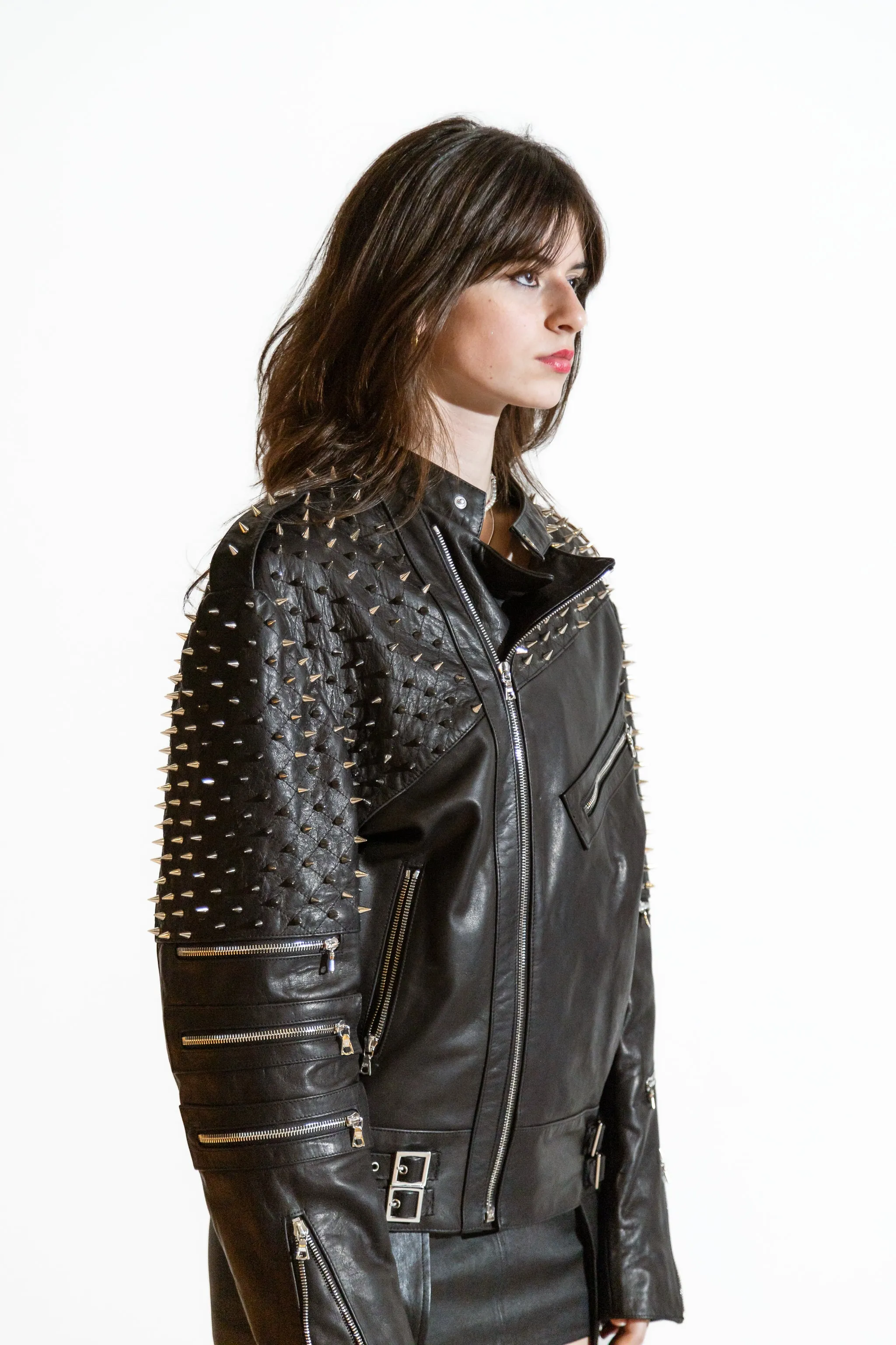 Nominal London Black Leather Studded Biker Jacket - Feminine Styling