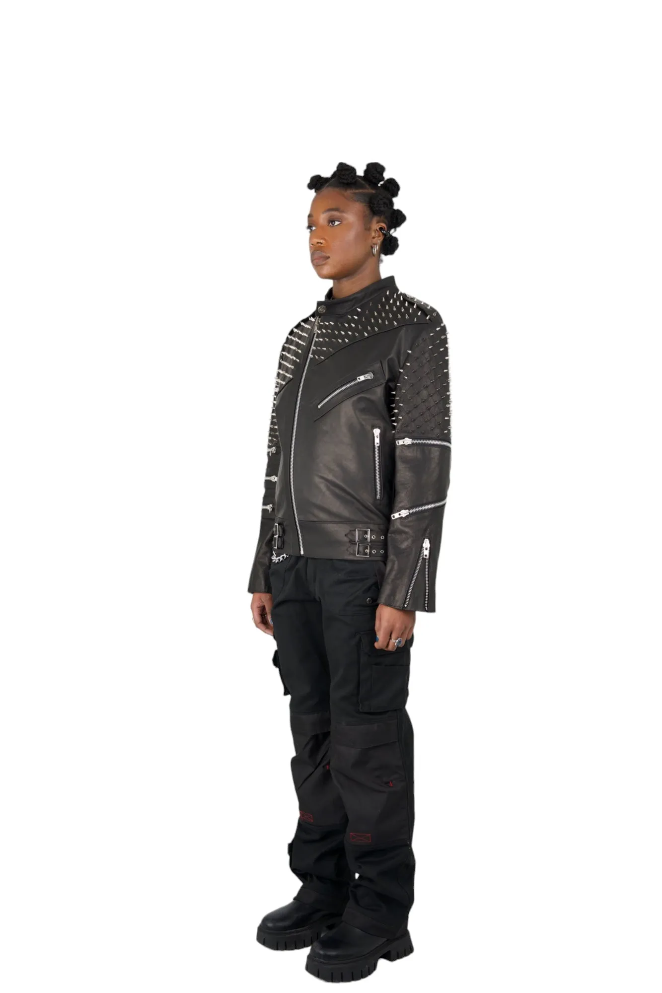 Nominal London Black Leather Studded Biker Jacket - Feminine Styling