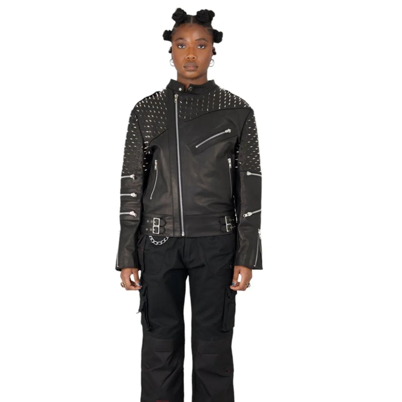 Nominal London Black Leather Studded Biker Jacket - Feminine Styling